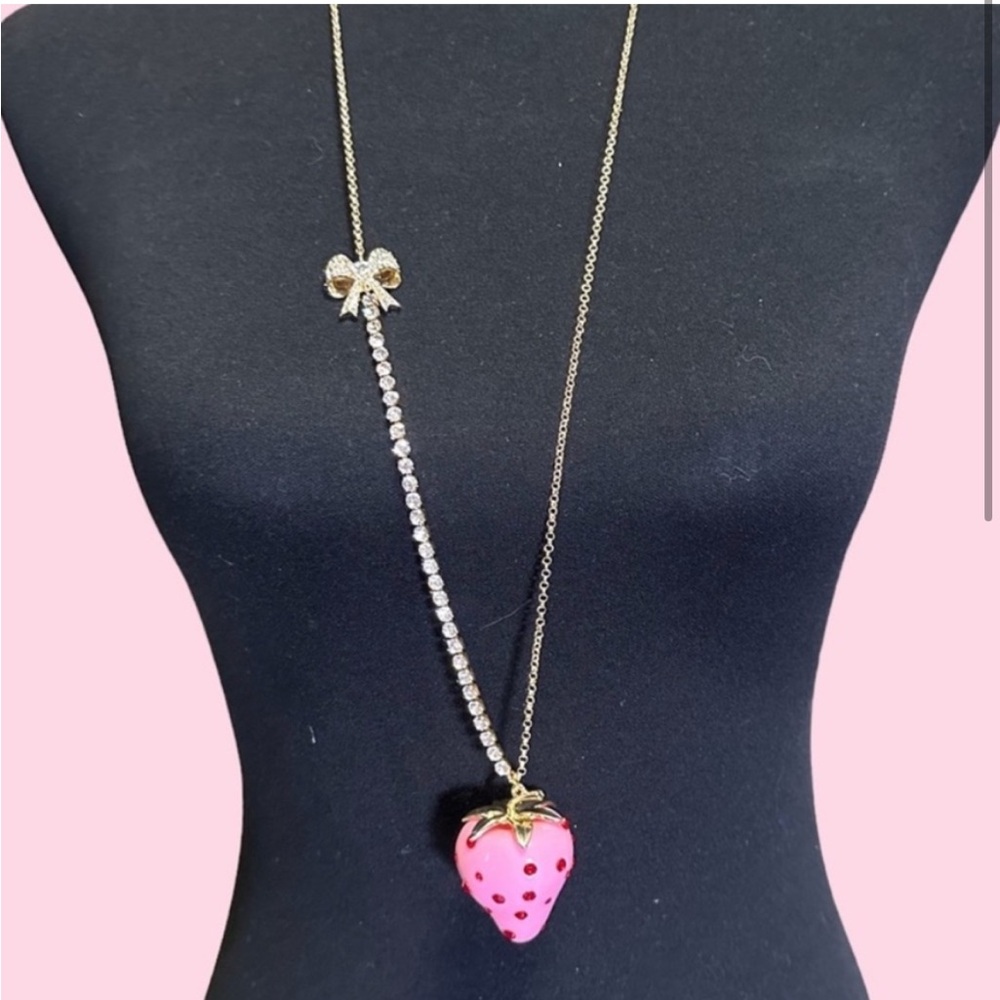 BETSEY JOHNSON Pink Strawberry Necklace & Earring Set Enamel & Red Crystals NWT - Picture 5 of 12